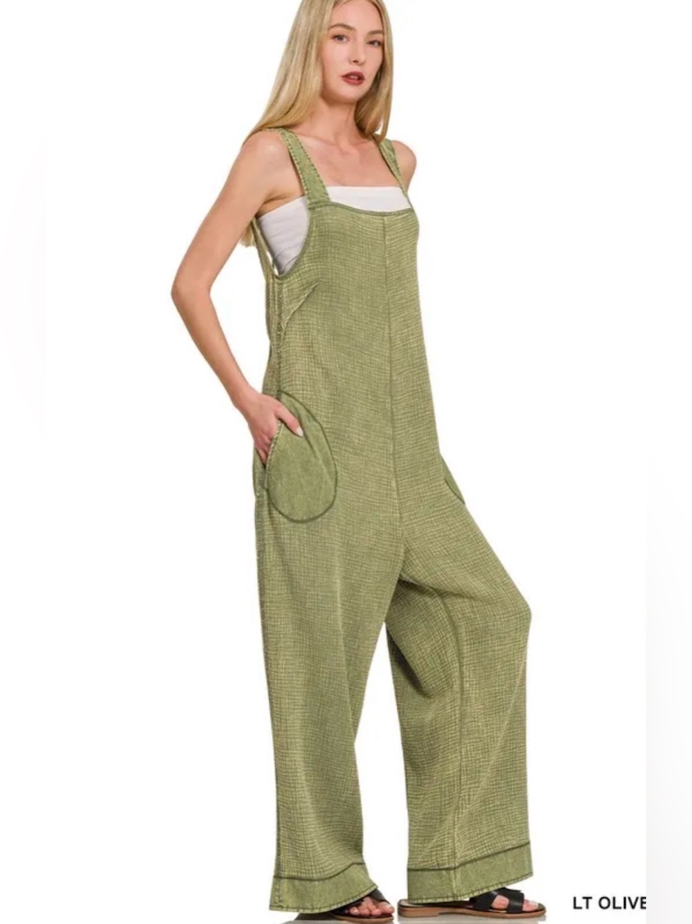 MZenana Double Gauze Washed Wide Leg Overalls in Light Olive-NWOT